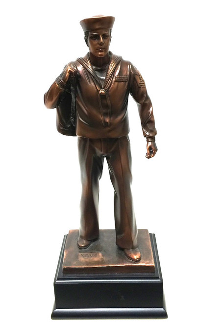 Highly detailed 11.5" tall bronze tone Navy Sailor military statue mounted on black base, with free engraving.