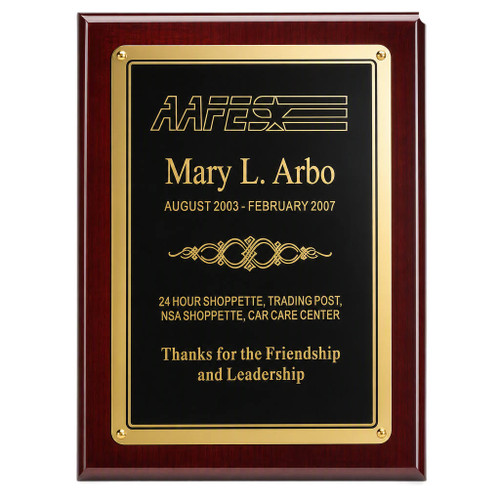 Plaque 9" x 12" rosewood color, piano finish with high-quality 7" x 10" engraving plate.
