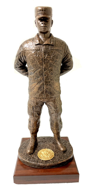 18-1/4 inches tall Soldier at parade rest military statue male mounted on 7"L x 7"W x 1-1/2"H laminated cherry base with free engraving.