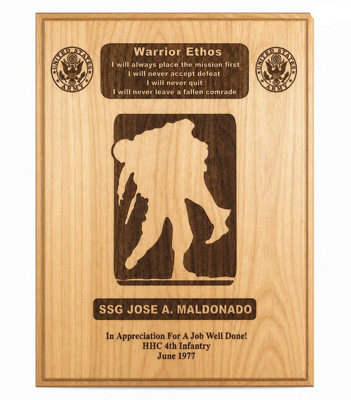 Genuine Red Alder Wood 9" x 12" Warrior Ethos Military Recognition plaque, featuring laser engraving in a two-dimensional design.