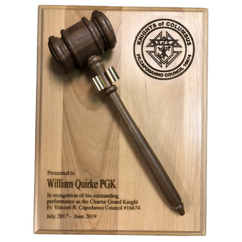 A 9" x 12" recognition plaque crafted from genuine red alder, featuring a genuine walnut gavel. The Knights of Columbus graphic on display can be swapped out as desired.