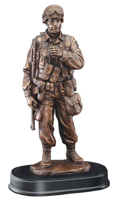 14" tall bronze tone Soldier military statue with rifle and holding binoculars, mounted on black base.