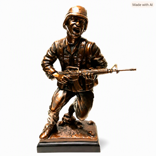 US Marine Charging Military Statue bronze tone with black base, 10 inches tall. Engraving area is 3.5 inches by 1 inch.