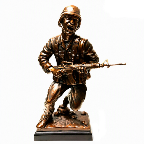 US Marine Charging Military Statue bronze tone with black base, 10 inches tall. Engraving area is 3.5 inches by 1 inch.