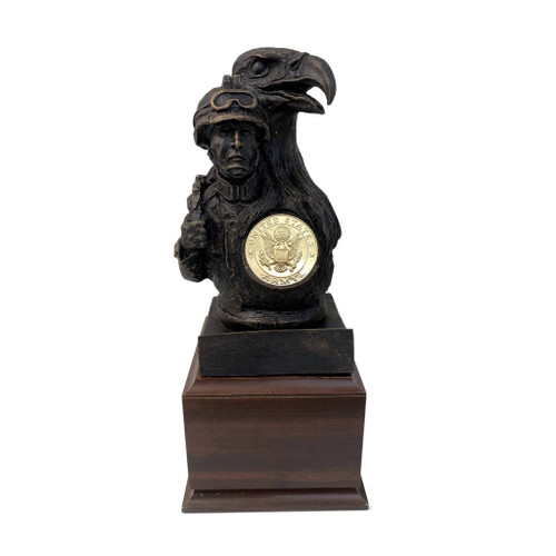 Soldier military statue bust with eagle and medallion holder mounted on a laminated cherry base 5-1/2 inches long x 5-1/2 inches wide x 4 inches tall.  Completed set is 13 inches tall.