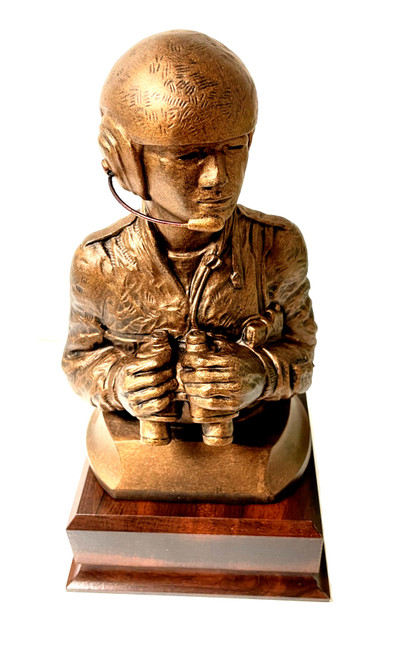 Tanker Bust Bronze tone military statue male, 10 inches total height, highly detailed, mounted on a 5-1/2 inches long x 5-1/2 inches wide x 2.0 inches high cherry laminated base.