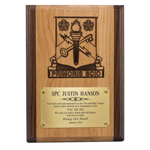 Military recognition plaque crafted from genuine two-tone alder, featuring highly detailed laser engraving, measuring 9 by 12 inches, honoring the 741st MI BN.