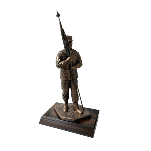 Army First Sergeant male military statue with patrol cap, standing 22 inches tall, mounted on a 7 inch by 11 inch laminated cherry base.