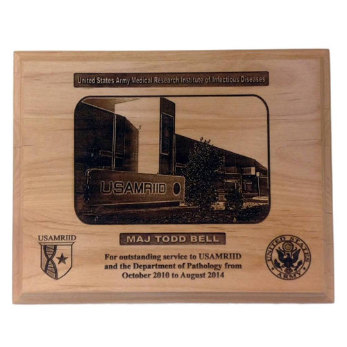 Military Recognition Plaque 8 inches by 10 inches Genuine Red Alder Laser Engraved United States Army Military Research Institute of Infectious Diseases USAMRIID, with free engraving.