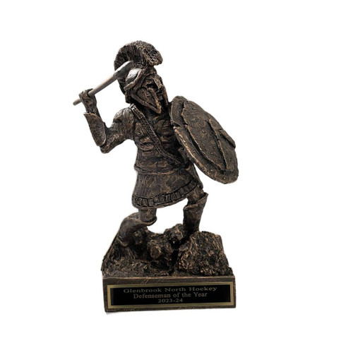 9-1/2" tall Spartan statue with Spear on base.  Engraving area is 4-1/2" wide x 1" high.