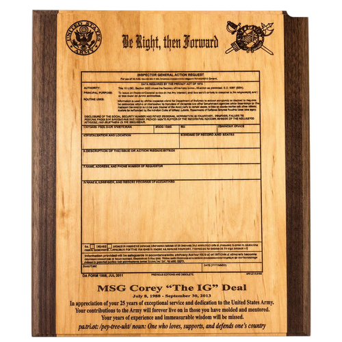 Awesome Army Inspector General Plaque two tone genuine alder 9" x 12" Laser Engraved with the motto, "Be Right, then Forward"