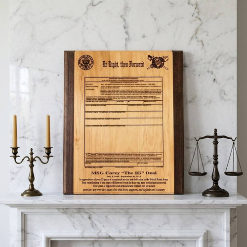 Awesome Army Inspector General Plaque two tone genuine alder 9" x 12" Laser Engraved with the motto, "Be Right, then Forward"