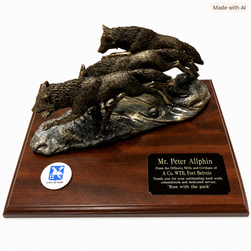 Awesome Wolfpack statue mounted on a 15 inches x 12 inches laminated walnut base.  The coin on the left can be Army, Air Force, Navy, Marine or Coast Guard. (Please Specify)