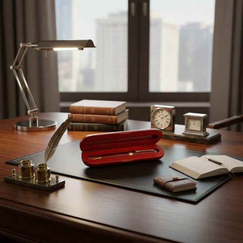 Pen Case rosewood with one pen. 6-1/2 inches long by 2 inches wide by 1 inch tall. Engraving includes one unit logo if necessary.