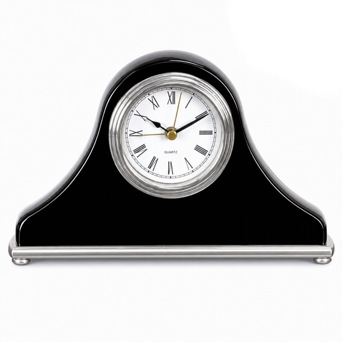 Clock desk mantle black piano finish 7-1/2 inches wide by 4-1/2 inches tall, battery is included, with free engraving.