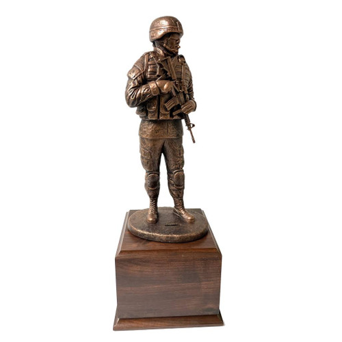 17-1/2" Total height awesome warrior male military statue mounted on a 6-1/5" long by 6-1/2 x wide by 5" high laminated cherry base. Coin not included. "Mission Ready" is an excellent choice for a female Warrior. Engraving area is 5-1/2 by 3-1/2".