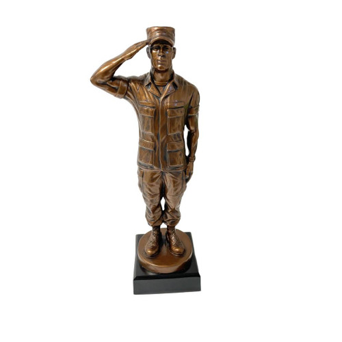 15" tall Soldier saluting wearing a patrol cap military statue mounted on a black base.  Great artistic detail on this product. Engraving area is 3-7/8 inches wide by 1.0 inch high.