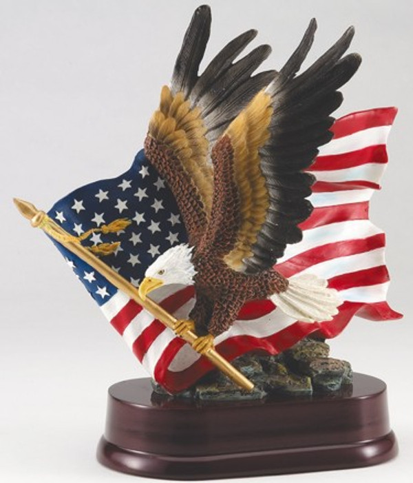 Eagle with US flag hand painted retirement gift, mounted on a oval base, 10-1/2 inches tall by 10 inches wide with free engraving.