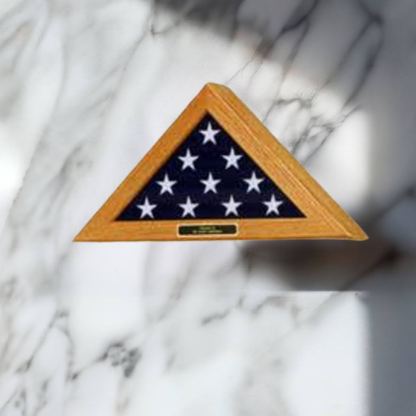 Flag Display Case Oak for 3' by 5' US Ceremonial Flag, wall mounted, with free engraving.