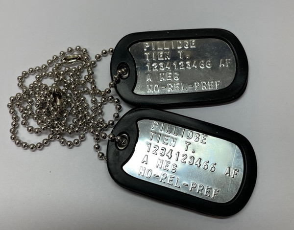 Military specification stainless steel embossed identification tags "Dog tags" US Space Force personnel use this format.