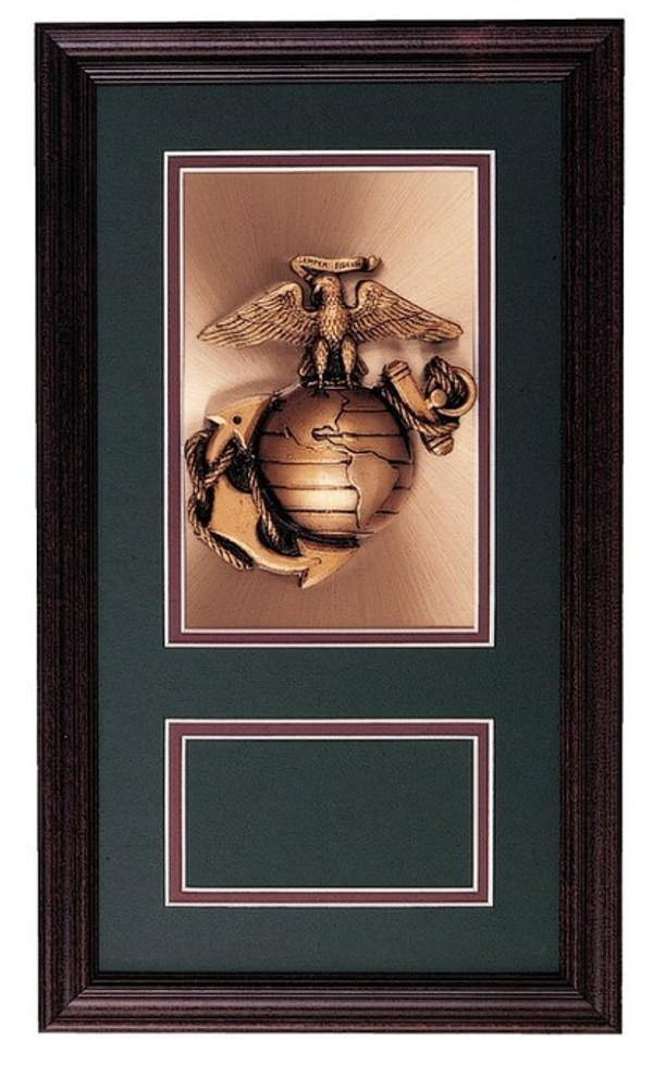 Frame with US Marine Anchor Mounted on a Copper Plate Award, 9-1/2 inches wide by 16-1/2 inches tall frame with 5 inches by 3.0 inches engraving plate with free engraving.