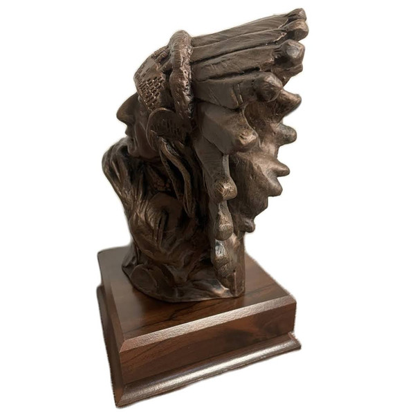 Indian Chief Bust Military Statue mounted on a 6" wide by 6" long by 2" tall laminated cherry base, with free engraving.