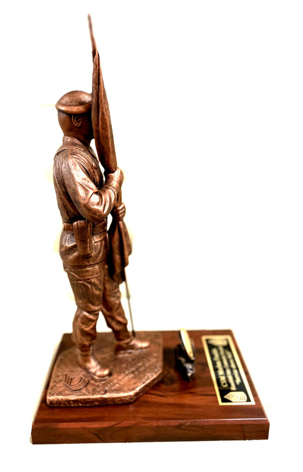 14" tall CSM military statue "Keeper of the Colors" with beret mounted on 8" x 12" x 1-1/4" laminated cherry base with challenge coin holder.  Displayed challenge coin is not included, Army medallion will be sent instead, with free engraving.