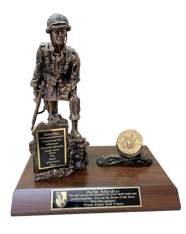 Iron Mike Military Statue, 11 inches tall mounted on 11 inches long by 7 inches wide by 1-1/2 inches high cherry laminated base, with free engraving. Coin holder with US Army medallion is included.