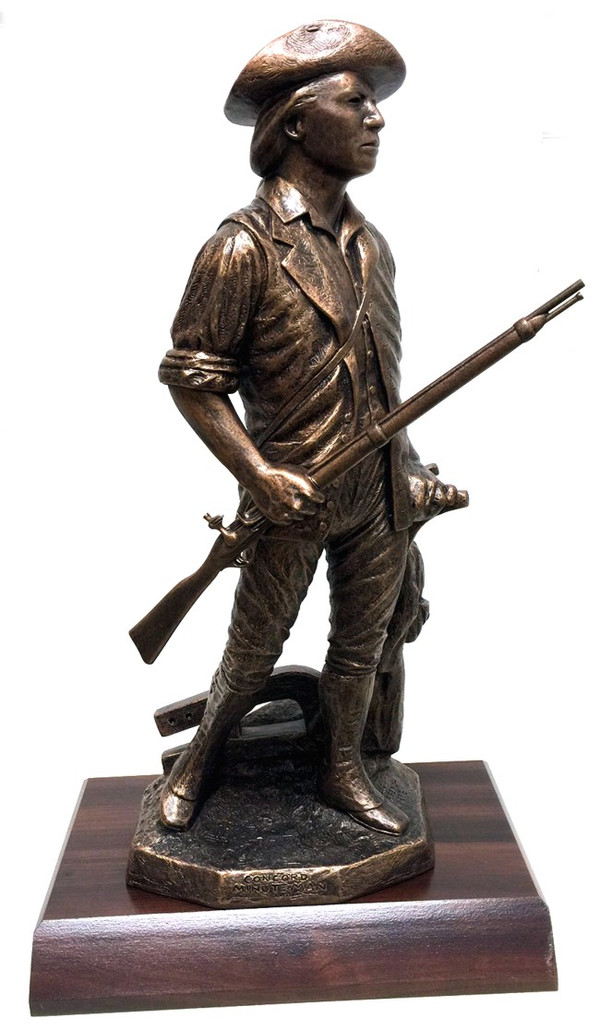 Awesome 19" Total Height Highly Detailed "CONCORD" National Guard Minuteman Military Statue Mounted on a 7"W x 11"L x 1-1/2"H Genuine Redwood Base.