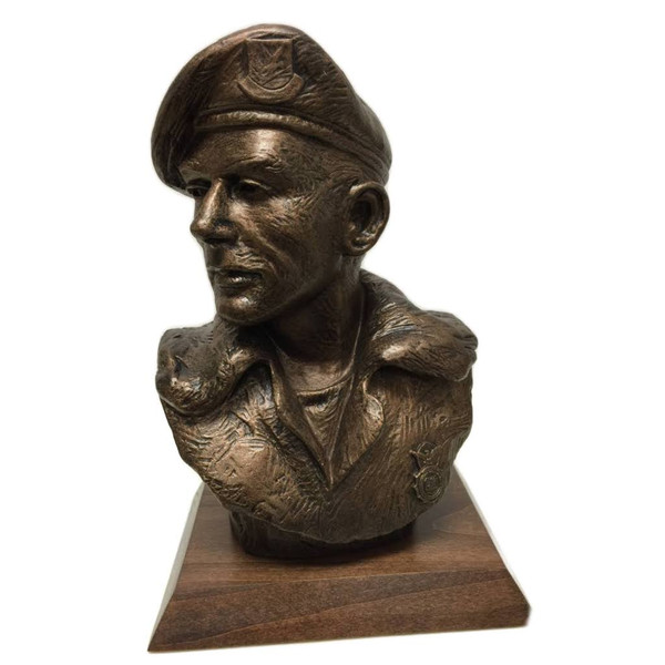 Peacekeeper Military Statue Bust Large, Air Force security personnel statue, mounted on a 7" long by 5" wide by 3/4" high genuine walnut base. Engraving plate is 5.5 inches long by 3/4 inches high.