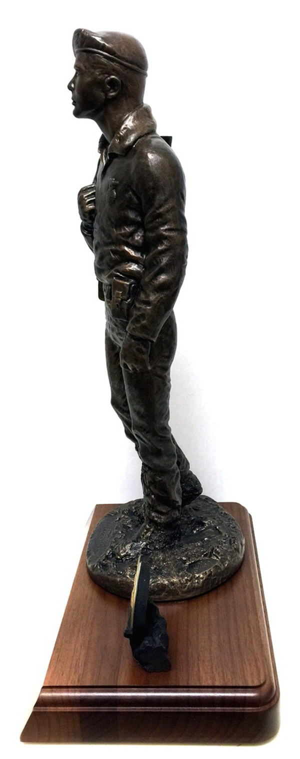 Highly detailed 18-1/2" tall bronze tone Peacekeeper Military Statue mounted on a 7" X 11" X 1-1/4" laminated cherry base.  Includes Air Force medallion. Total height is 17".