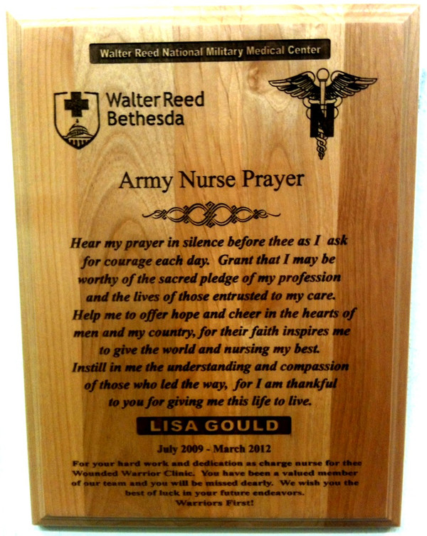 Genuine Red Alder Wood Plaque with Army Nurse Prayer, 9 by 12 inches.