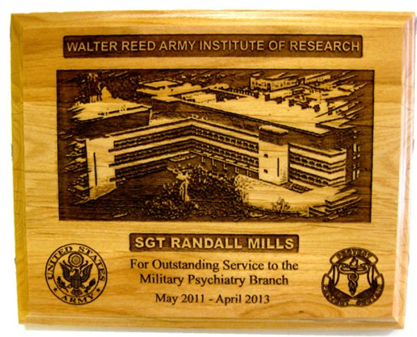 Plaque highly detailed, 9" x 12" genuine red alder, laser engraved, Walter Reed Army Institute of Research, WRAIR