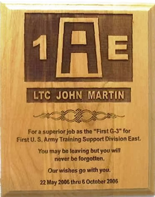 Military plaque 8" x 10" genuine red alder, laser engraved, 1st Army East.