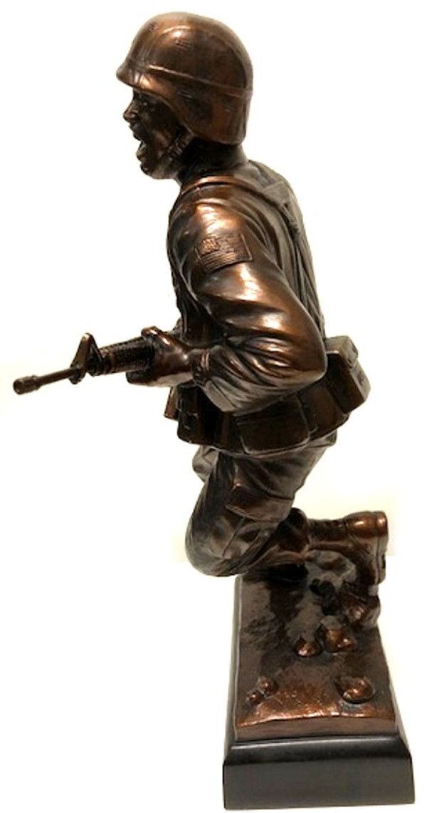 US Marine Charging Military Statue bronze tone with black base, 10 inches tall. Engraving area is 3.5 inches by 1 inch.