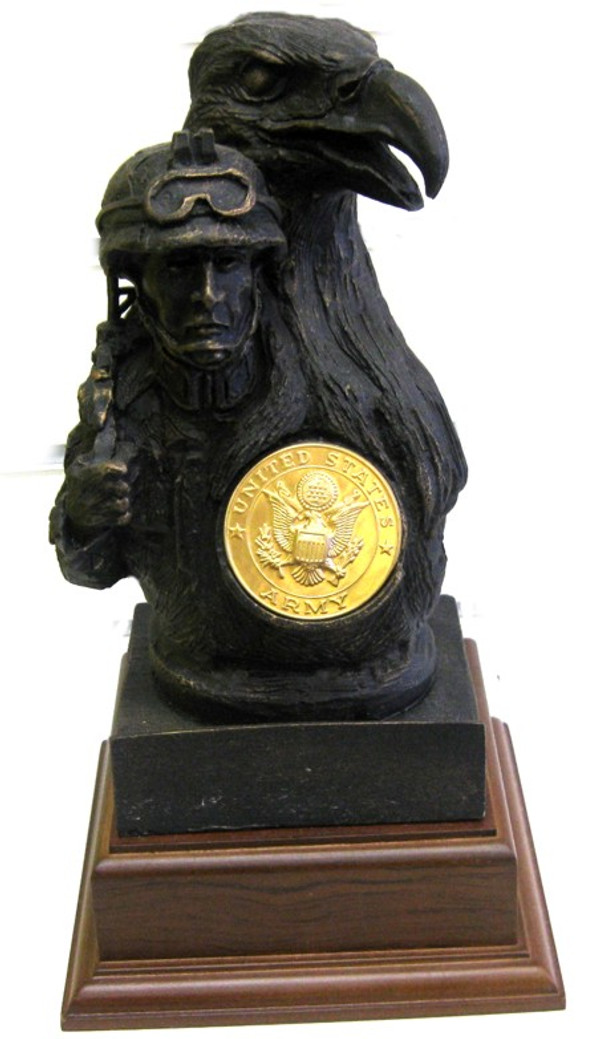 Soldier military statue bust with eagle and medallion holder mounted on a laminated cherry base 6"W x 6"D.