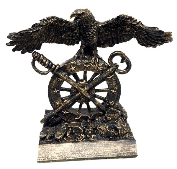 Awesome U.S. Army Quartermaster branch insignia bronze tone military statue award measuring 9" tall x 6.0" long x 4-1/2" deep.  Wingspan is 9-1/2"; engraving plate is 6.0" x 3/4"