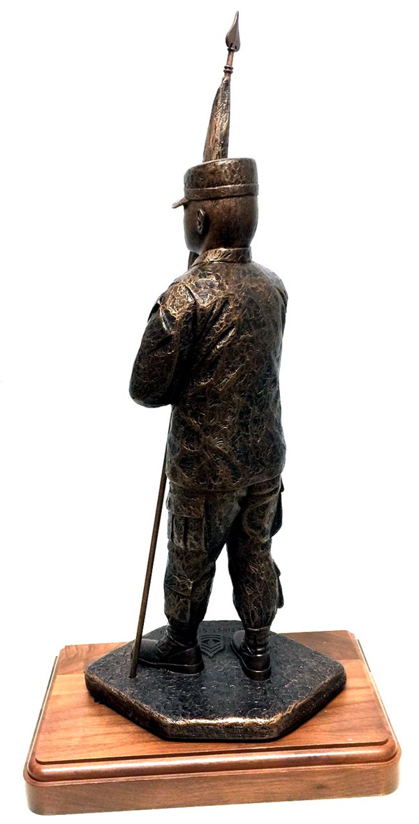 Army First Sergeant Male Military Statue with Patrol Cap 22 inches tall mounted on 7 inches by 11 inches laminated wood base