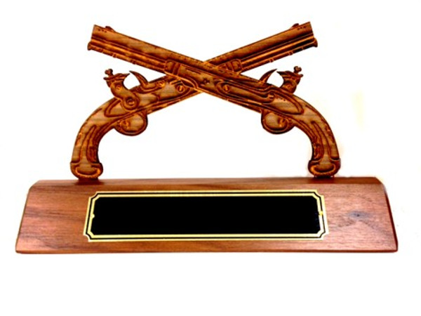 Exciting solid wood walnut 2" x 10" desk nameplate set with cut-out military police corps insignia.  Rank insignia and any other type of military or civilian insignia can be installed.