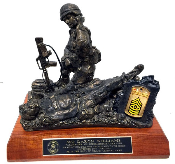 9" tall, 10" long, 7" wide Female Soldier Medic military statue mounted on a 8" x 11" x 1-1/2" laminated cherry base.  "Calling Dustoff" Unit logo or challenge coin can be mounted on the small plate holder on the statue.  Displayed coin is not included.  Army or Air Force emblem can be provided upon request.