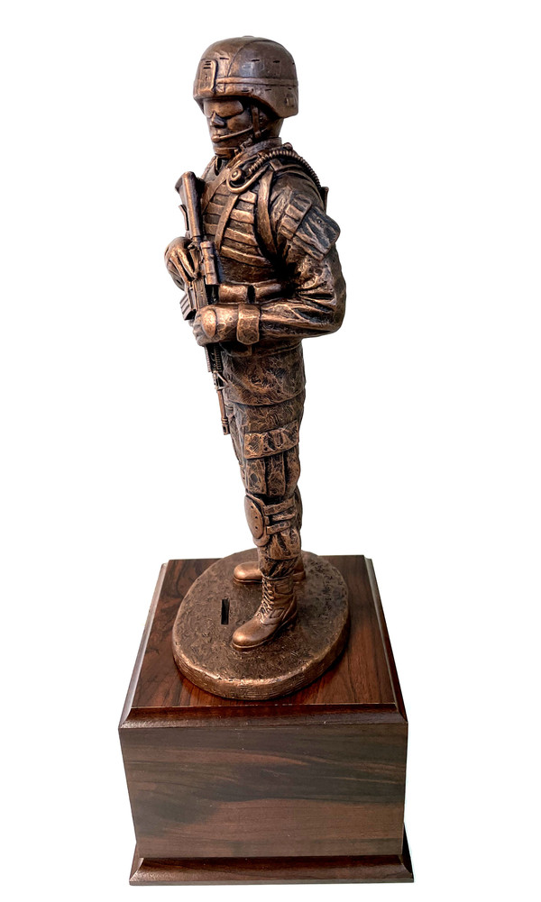 17-1/2" Total height awesome warrior male military statue mounted on a 6-1/5" long by 6-1/2 x wide by 5" high laminated cherry base. Coin not included. "Mission Ready" will always be an excellent choice. Engraving area is 5-1/2 by 3-1/2".