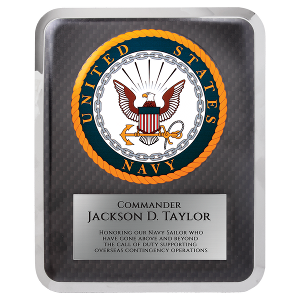 This is a stunning U.S. Navy Military Hero Plaque with a Mirror Edge, measuring 10-1/2 inches by 13 inches. The engraving plate is 6 inches long by 3-1/2 inches high and comes with free engraving.