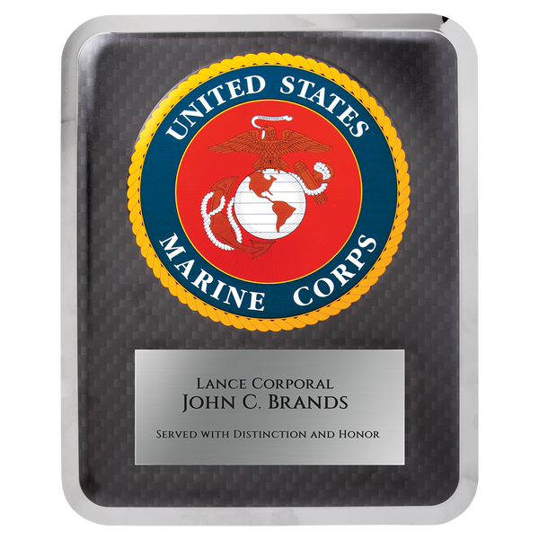 This is a stunning U.S. Marine Military Hero Plaque with a Mirror Edge, measuring 10-1/2 inches by 13 inches. The engraving plate is 6 inches long and 3-1/2 inches high.