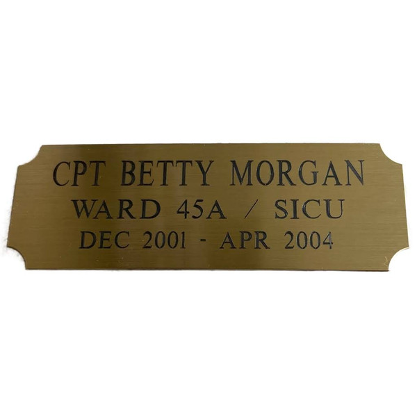 This is a sample of a 1'' by 3" brass engraving plate with 50 characters. We only supply high quality brass or aluminum engraving plates.  Price ranges from $10.00 to $ 61.25 for the largest engraving plate we create. Engraving plates are provided with adhesive tape attached, straight corners and precisely cut to the size requested.  Indicate if corners need to be rounded or notched instead, and if screws are required.