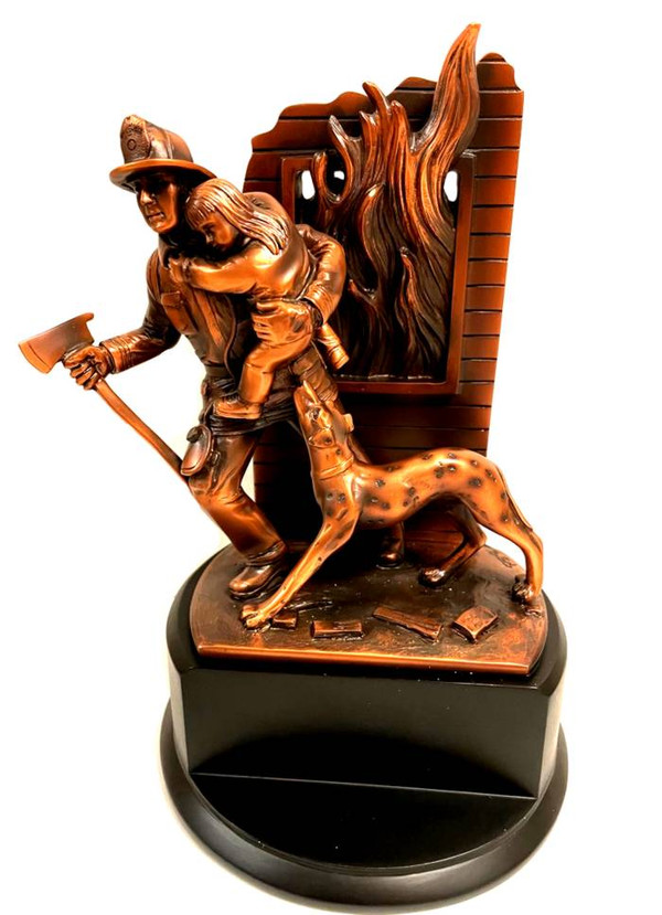 A bronze-toned statue of a fireman with a child and a dog, measuring 9 inches in height, 5 inches in width, and 5 inches in depth.