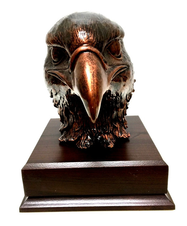 Eagle head bronze tone, PCS or retirement gift idea, 8 inches total height mounted on a 6-1/2" wide by 6-1/2" long by 2-1/4" tall, laminated cherry base with free engraving.