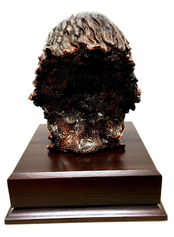 Eagle head bronze tone, PCS or retirement gift idea, 8 inches total height mounted on a 6-1/2" wide by 6-1/2" long by 2-1/4" tall, laminated cherry base with free engraving.