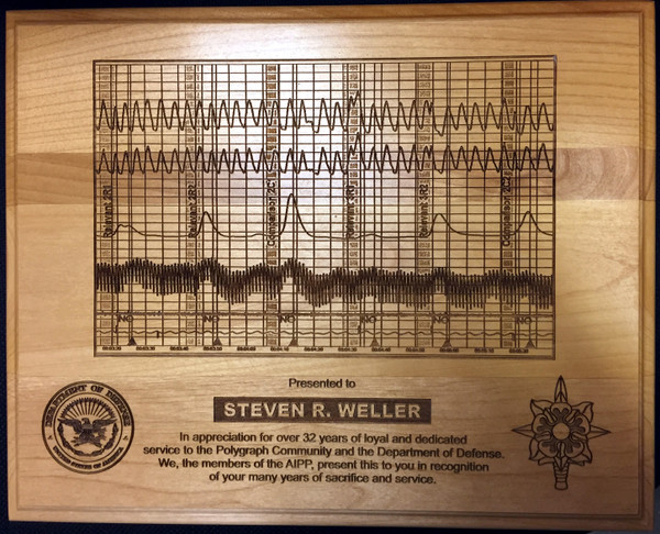 This is a laser engraved plaque for military recognition, titled "The Polygraph". It is made of genuine alder wood and measures 10.5 inches in height and 13 inches in width. This plaque is an original work by Mai's Engraving. Please respect the artist's rights and do not copy or sell this work.