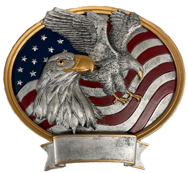 Eagle with US flag on background, oval resin hand painted military recognition award, 8" tall, can be used with its pedestal, hung to a wall by itself or mounted to an awards plaque board, with free engraving.