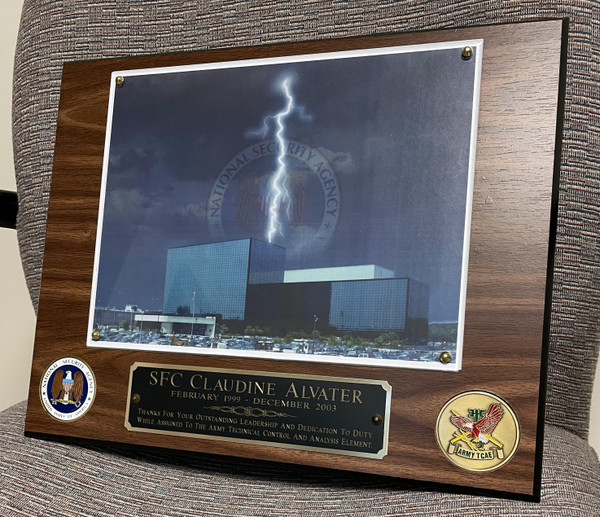 PLAQUE 12" X 15" FOR 8.5" X 11" PHOTO. INCLUDES TWO LOGOS. SHOWN NSA PHOTO IS INCLUDED.